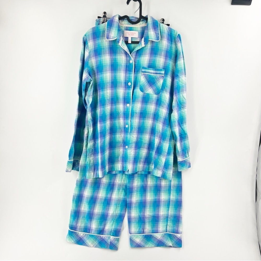 ✅ VICTORIA'S SECRET PAJAMA SET BLUE/PURPLE/GREEN PLAID SIZE SMALL